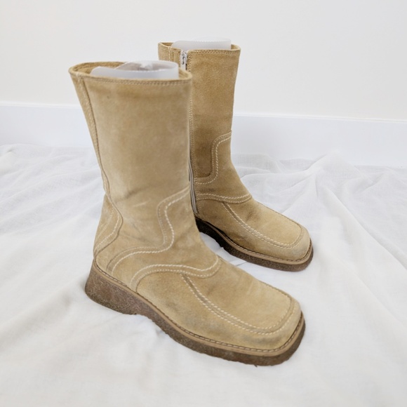 Vintage Shoes - Suede Boots Wedges Calf Height Size 7.5 Square Toe